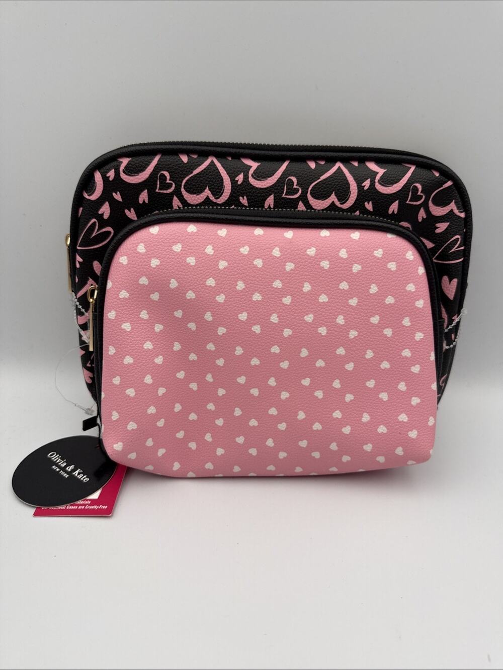 Olivia & Kate New York Pink Hearted Patterned Pouck 2pc Cosmetic Set